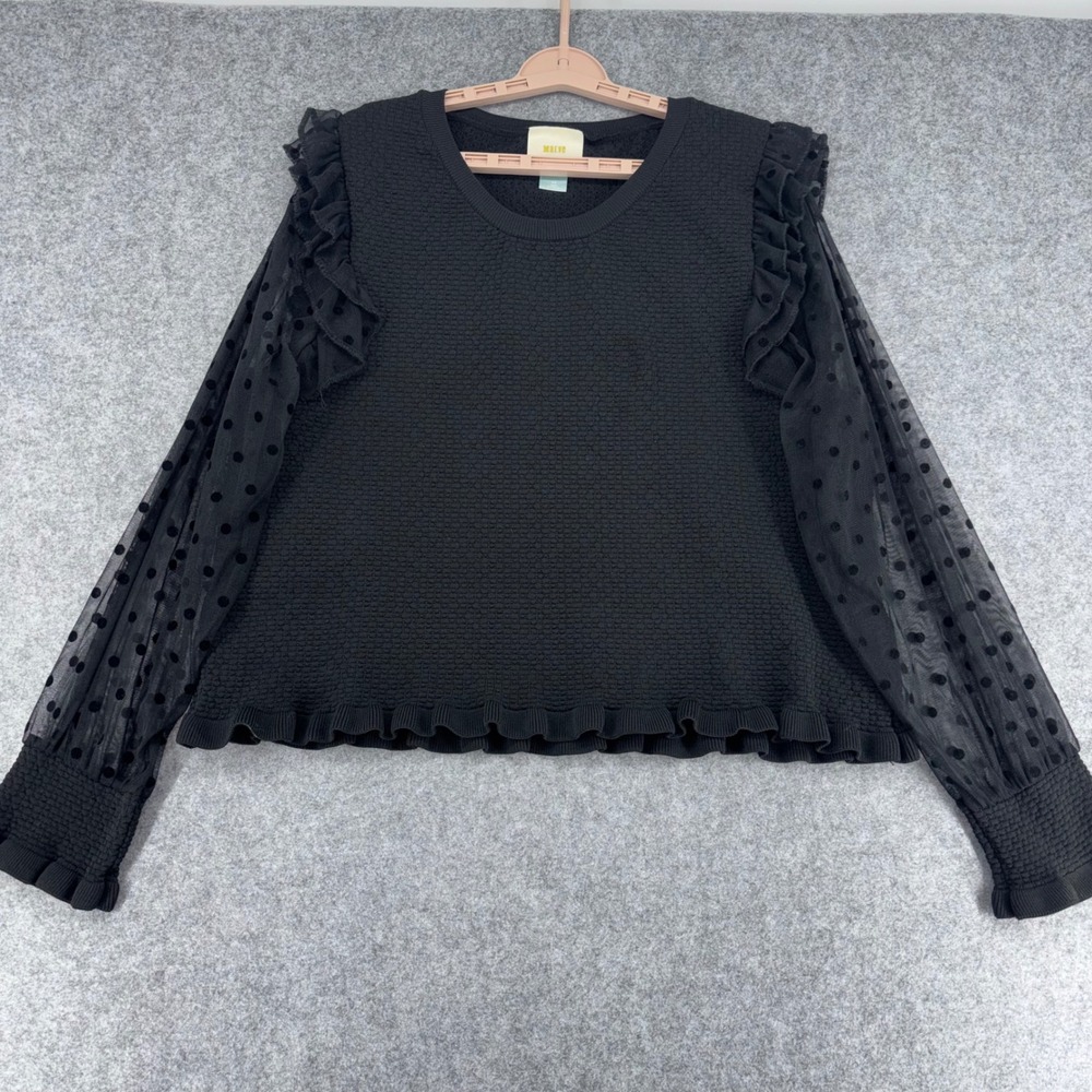 Maeve by Anthropologie Black Textured Ruffle Top Sheer Polka Dot Sleeve 3X